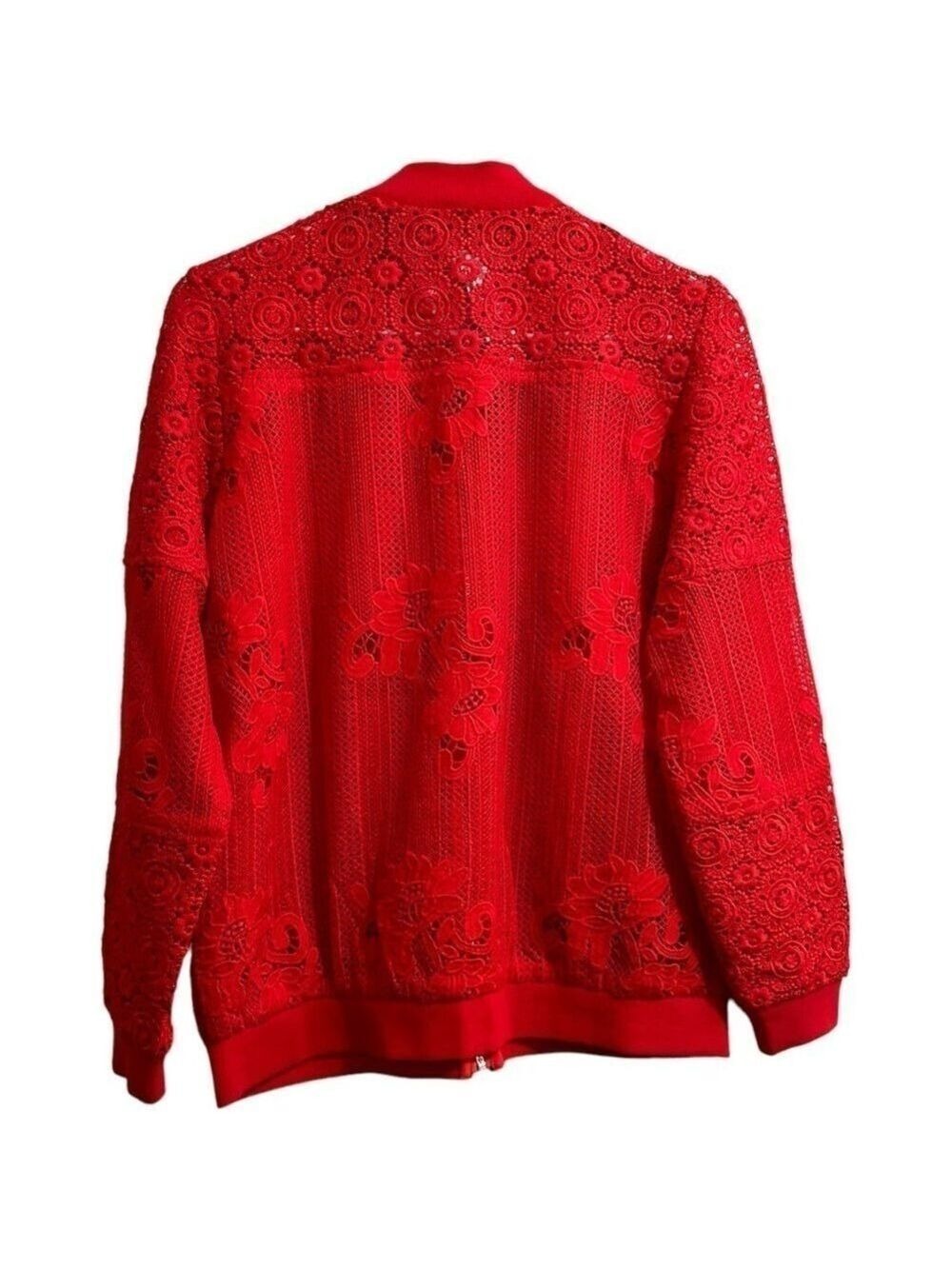 Chico’s Red Sheer Fancy Crochet Lace Blazer, Womens 4 - Chicos Size 0 BEAUTIFUL! - Picture 2 of 16